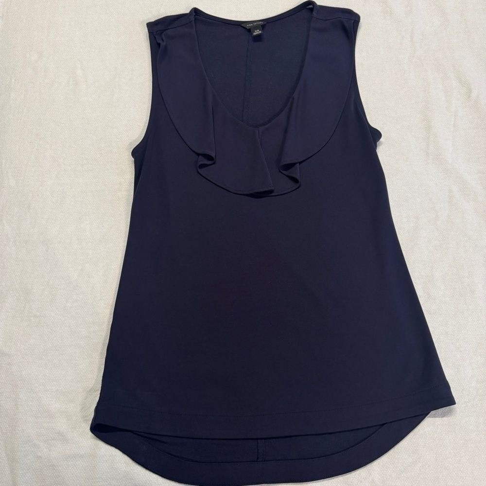 Ann Taylor Navy Sleeveless Ruffle Top Blouse Shirt Tank‎ XSmall - Picture 3 of 5